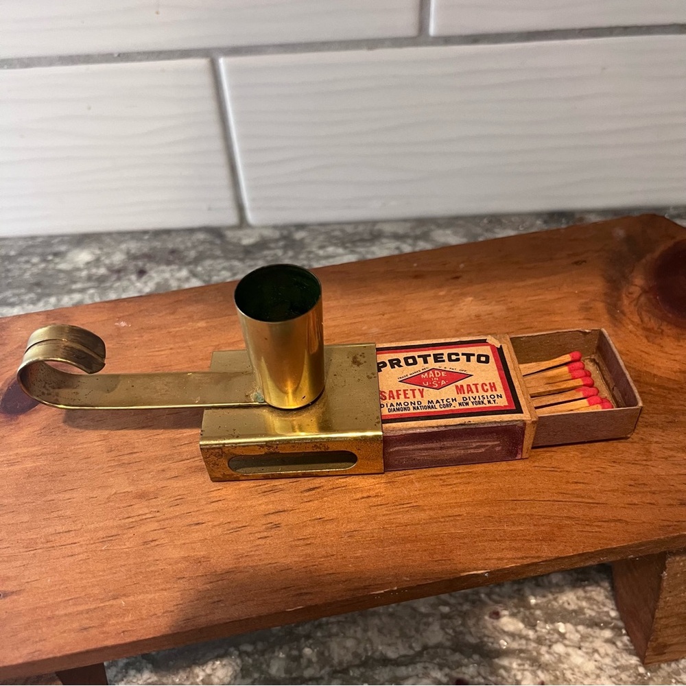 Vintage Brass Candle Holder With Match Box Storage And Finger Loop